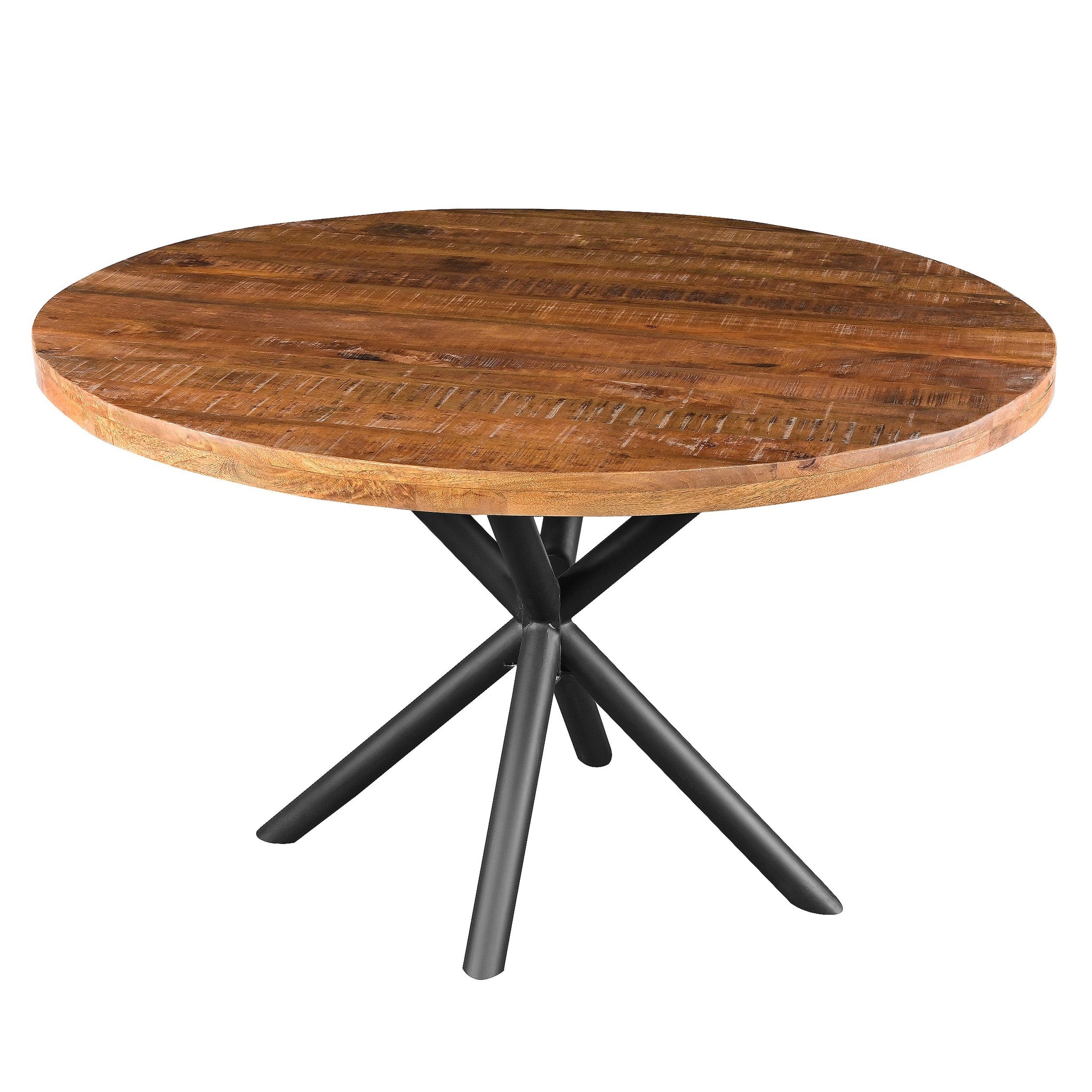 48 Inch Handcrafted Dining Table, Solid Mango Wood Round Top With Iron Crisscrossed Legs, Natural Brown And Black Black Brown Metal & Wood