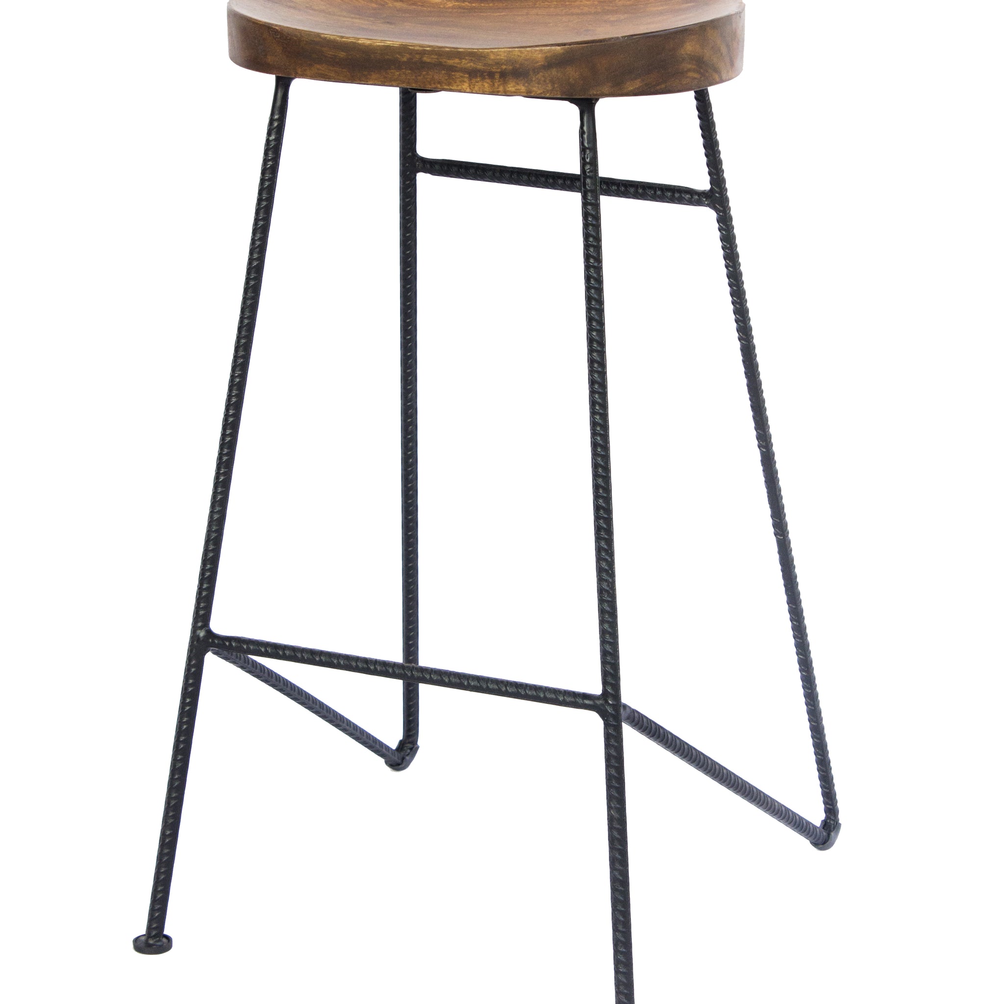 28 Inch Bar Stool With Mango Wood Saddle Seat, Iron Rod Legs, Brown And Black Black Brown Metal & Wood