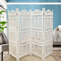 Aesthetiy Carved 4 Panel Wooden Partition Screen Room Divider, Distressed White White Wood