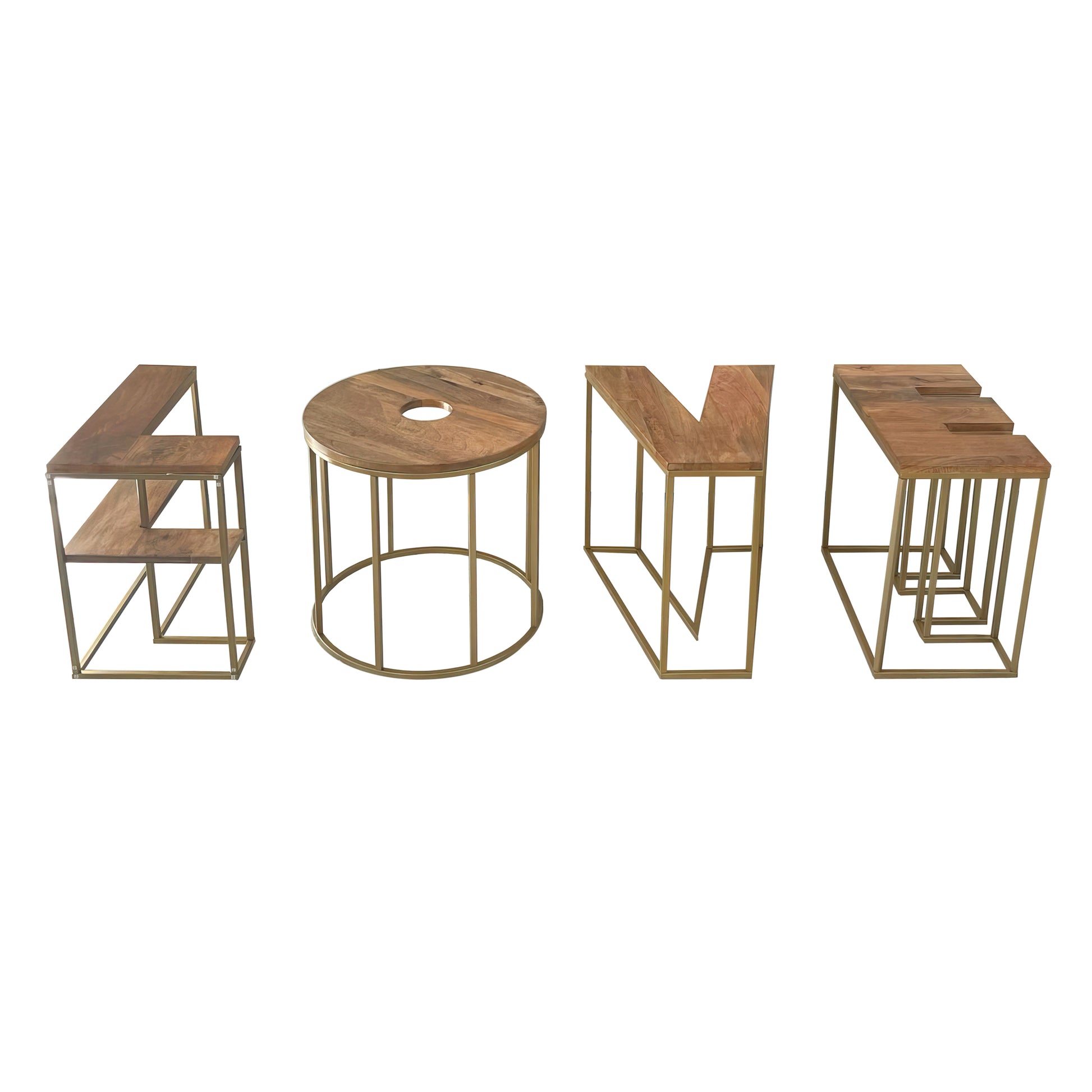 Alphabet Design 4Pc Coffee Table Set, Brown Mango Wood Top, Antique Brass Base Brown Bronze Metal & Wood