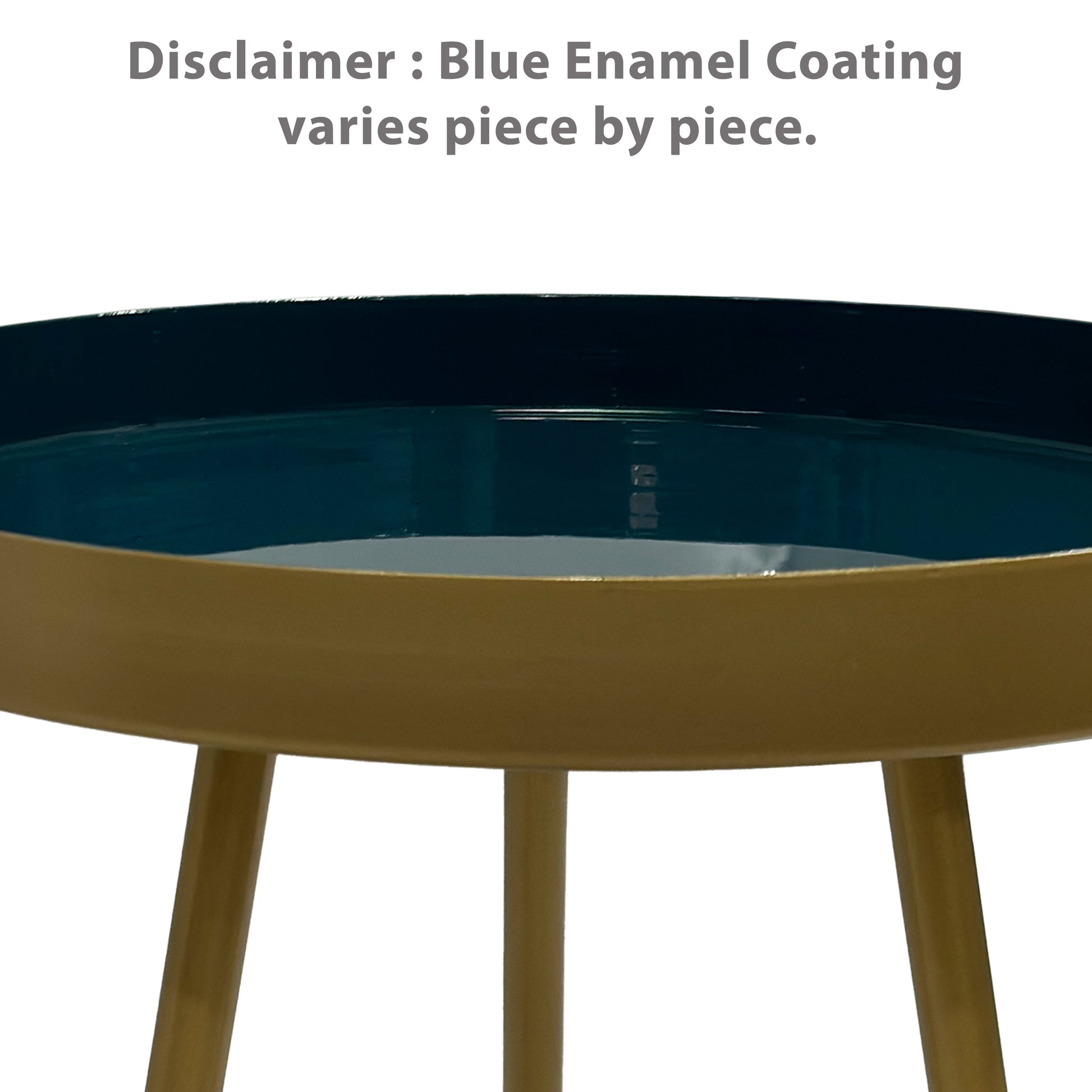 Enid 19 Inch Side End Table, Iron Brass Plating, Enamel Blue Top, Modern Sleek Angled Legs Blue Iron