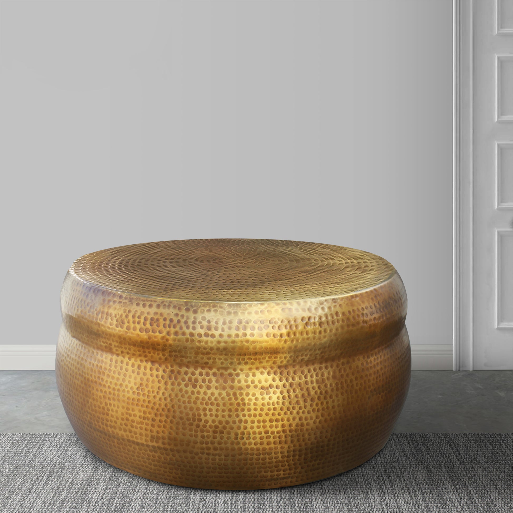 32 Inch Artisanal Round Drum Coffee Table, Hammered Embossed Texturing, Aluminum, Antique Brass Antique Brass Metal