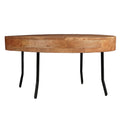 32 Inch Coffee Table, Handcrafted Mango Wood Round Top, Black Metal Angled Legs Black Brown Metal & Wood