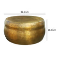 32 Inch Artisanal Round Drum Coffee Table, Hammered Embossed Texturing, Aluminum, Antique Brass Antique Brass Metal