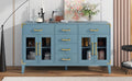 6 Drawer And 2 Cabinet Retro Sideboard With Extra Large Storage Space, With Gold Handles And Solid Wood Legs, For Kitchen And Living Room Antique Blue Antique Blue Solid Wood Mdf