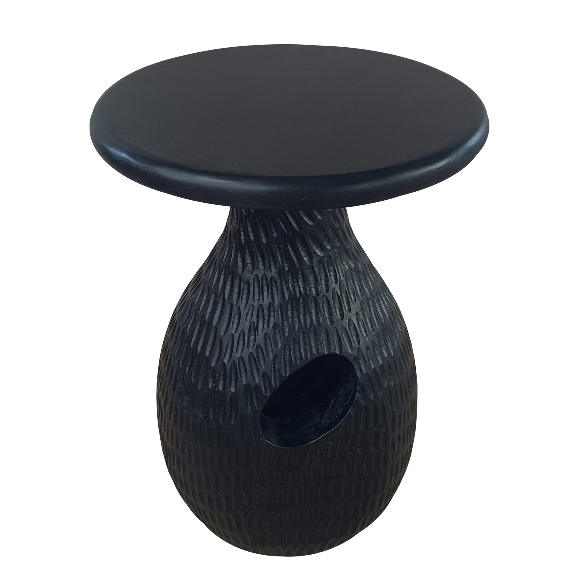 14 Inch Side End Table, Artisan Handcrafted Mango Wood, Embossed Teardrop Shaped Base, Black Black Solid Wood