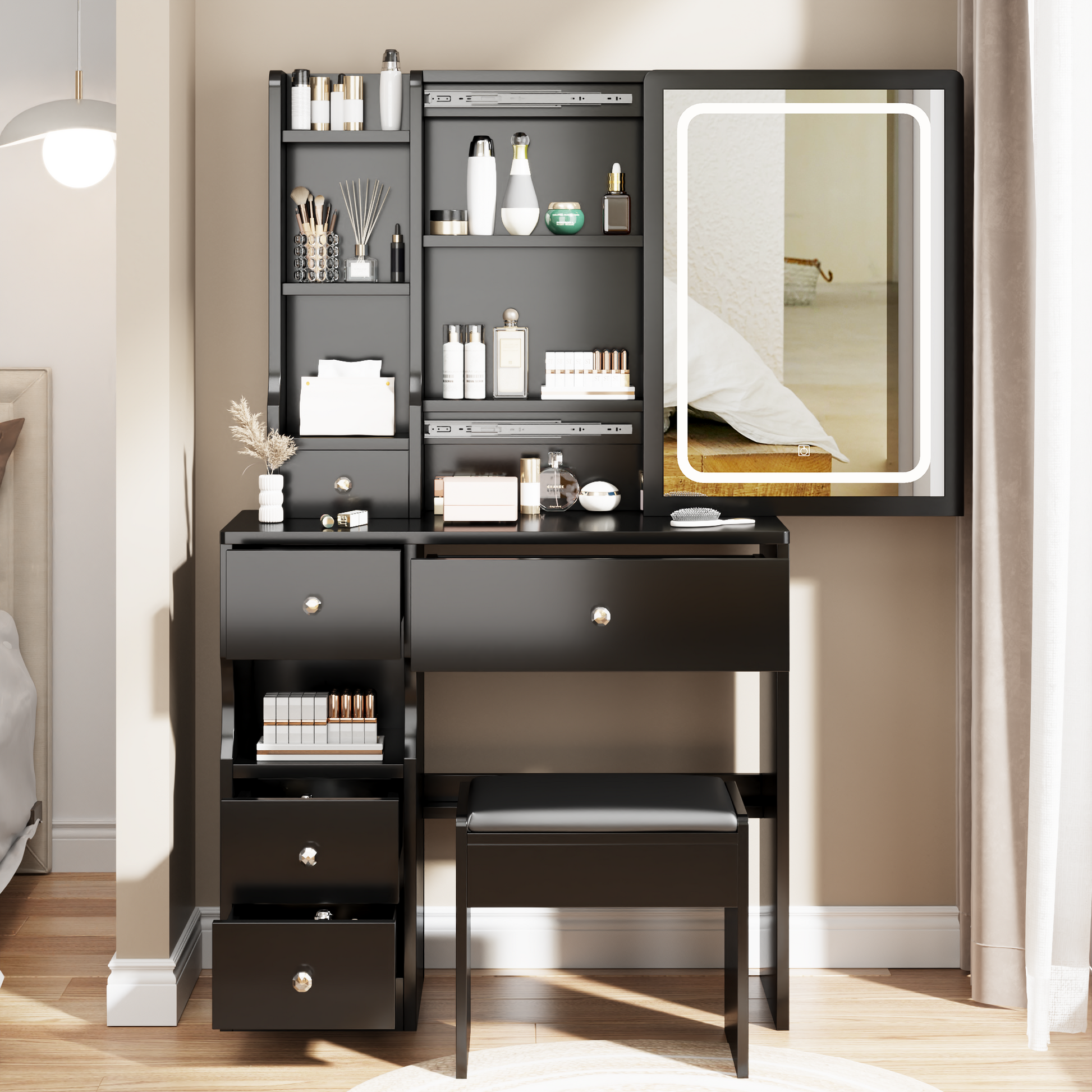 Small Space Left Drawer Desktop Vanity Table Cushioned Stool, Extra La Small Space Left Drawer Desktop Vanity Table Cushioned Stool, Extra La
