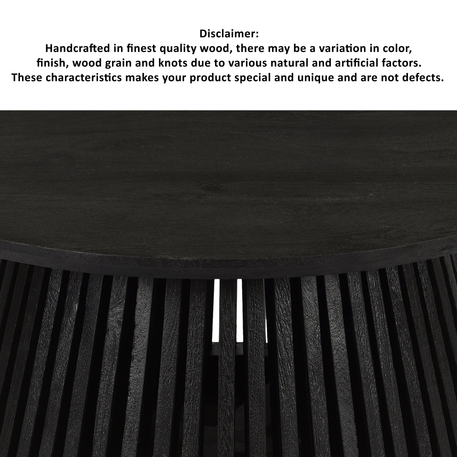 Ridge 32 Inch Handcrafted Round Coffee Table, Mango Wood, Slatted Flared Base, Black Black Solid Wood