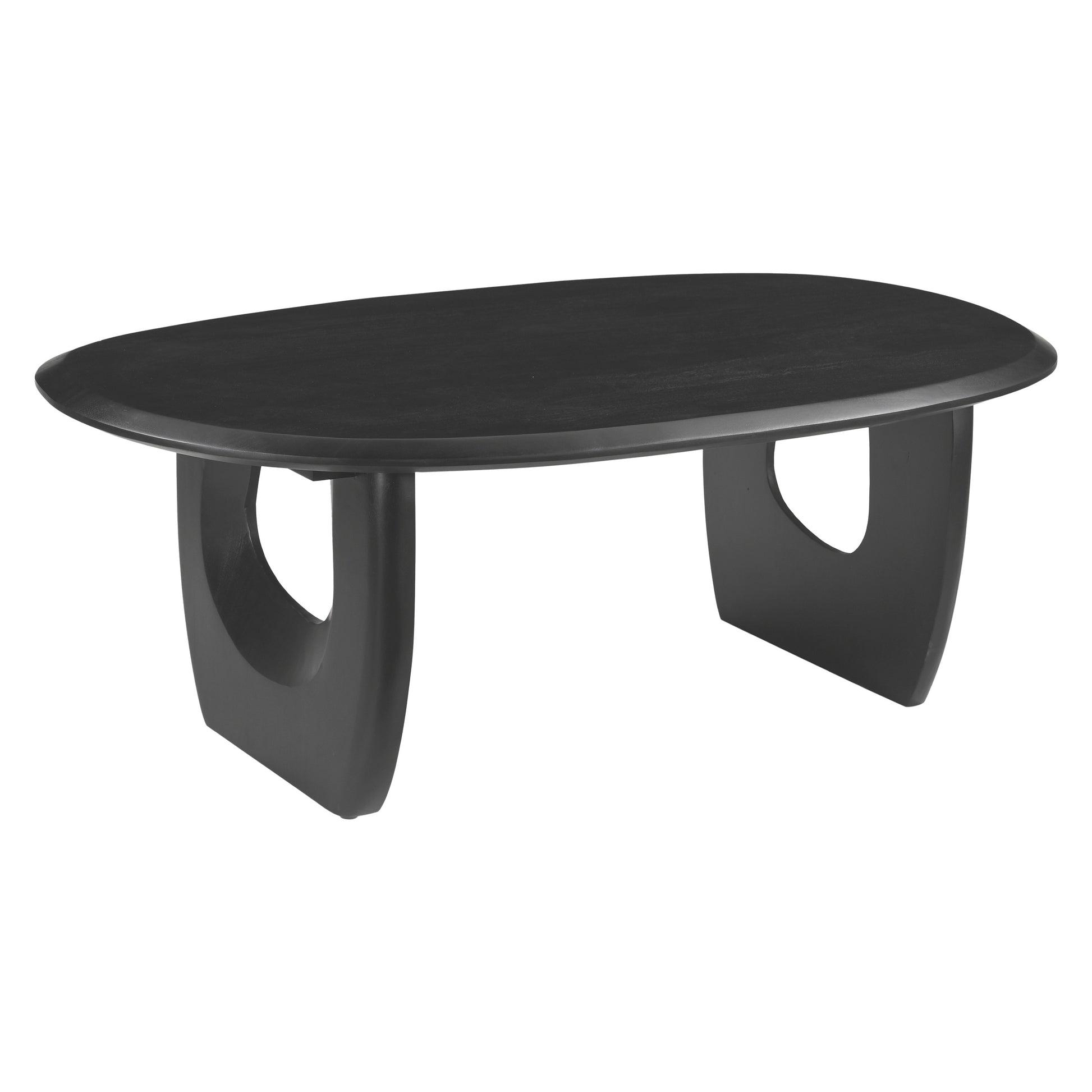 43 Inch Coffee Table, Handcrafted Acacia Wood, Cut Out Rounded Panel Legs, Black Black Acacia Wood