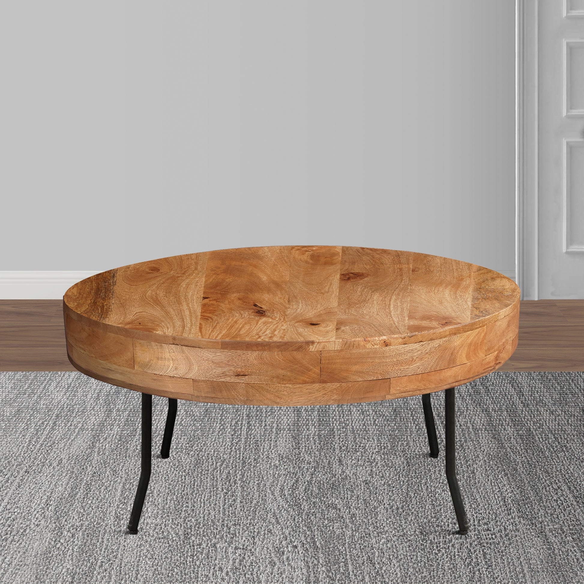 32 Inch Coffee Table, Handcrafted Mango Wood Round Top, Black Metal Angled Legs Black Brown Metal & Wood