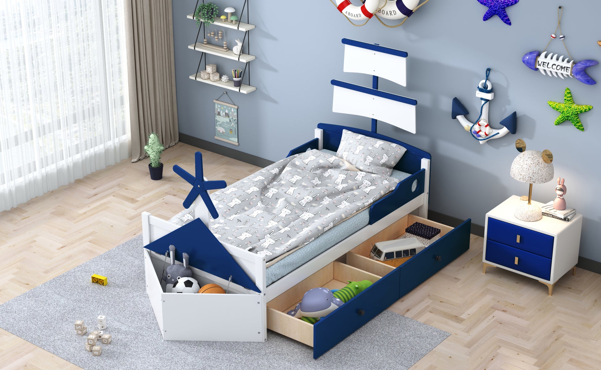 Twin Size Boat Shaped Platform Bed With 2 Drawers ,Twin Bed With Storage For Bedroom,Blue Blue Wood