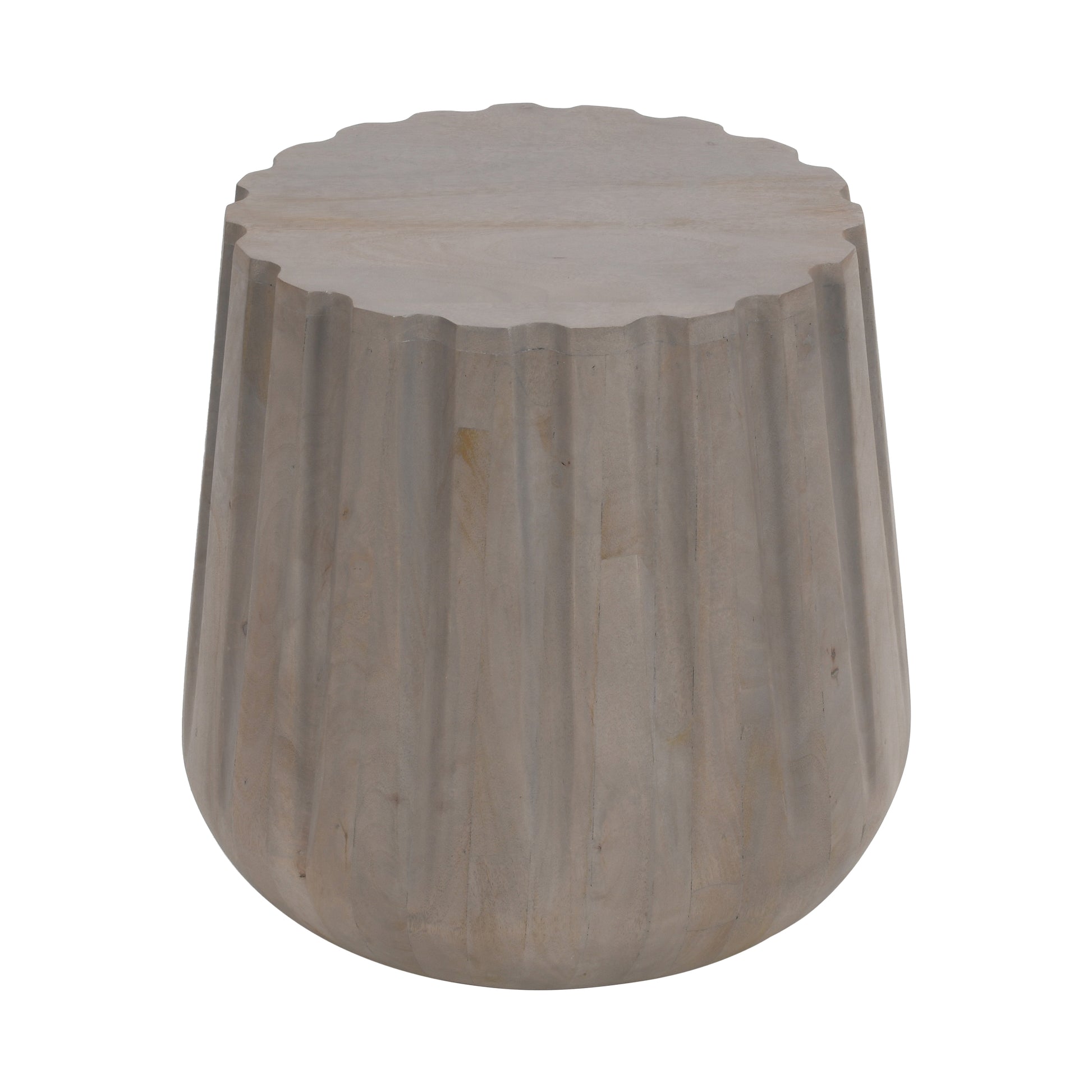 22 Inch Side End Table, Mango Wood Drum Shape With Handcrafted Grooved Edges, Gray Gray Solid Wood