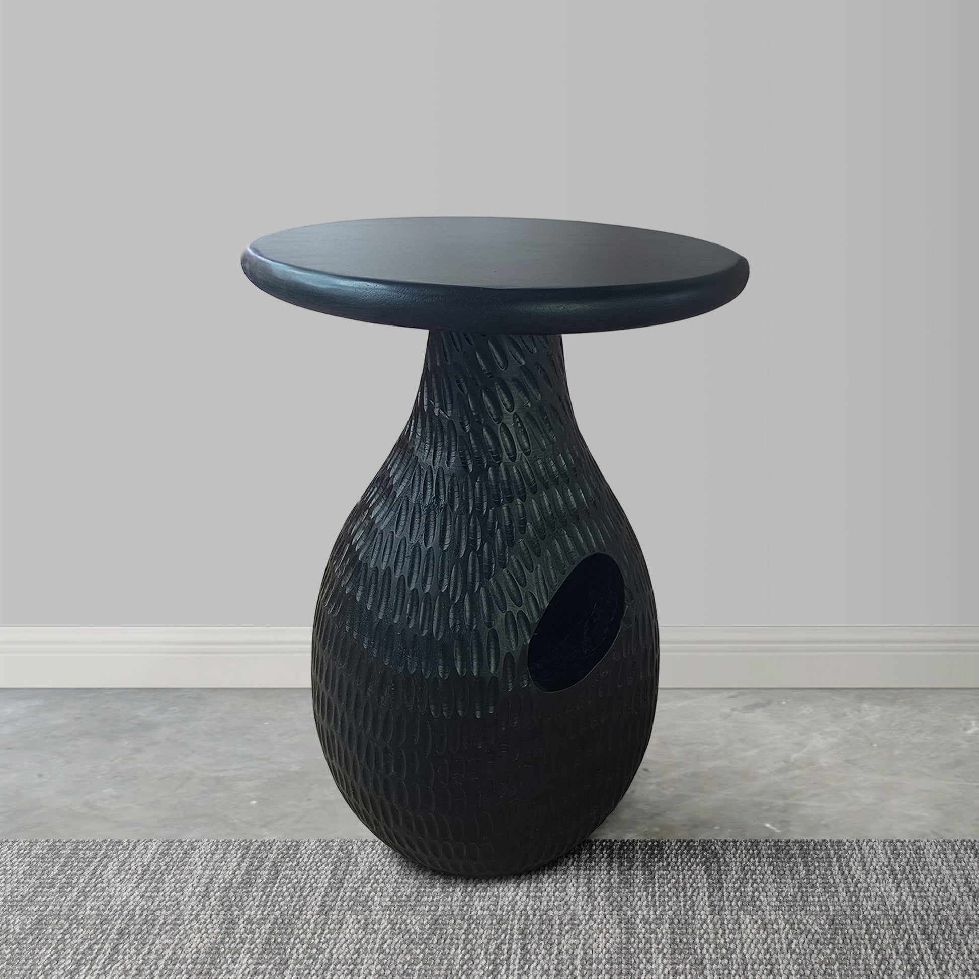 14 Inch Side End Table, Artisan Handcrafted Mango Wood, Embossed Teardrop Shaped Base, Black Black Solid Wood