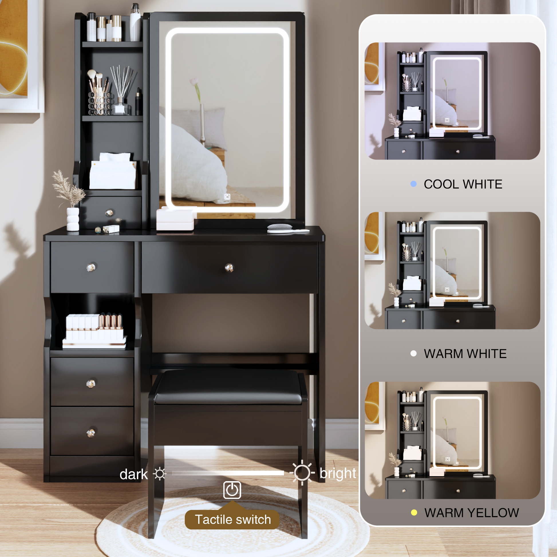 Small Space Left Drawer Desktop Vanity Table Cushioned Stool, Extra Large Touch Control Sliding Led Mirror, Tri Color Switching, Brightness Adjustable, Suitable For Girls No More Than 5.6Ft Tall Black Mdf