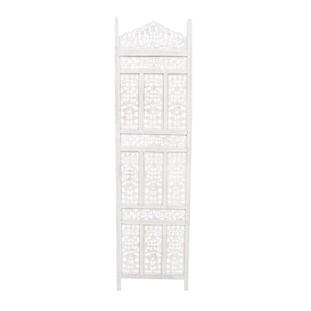 Aesthetiy Carved 4 Panel Wooden Partition Screen Room Divider, Distressed White White Wood