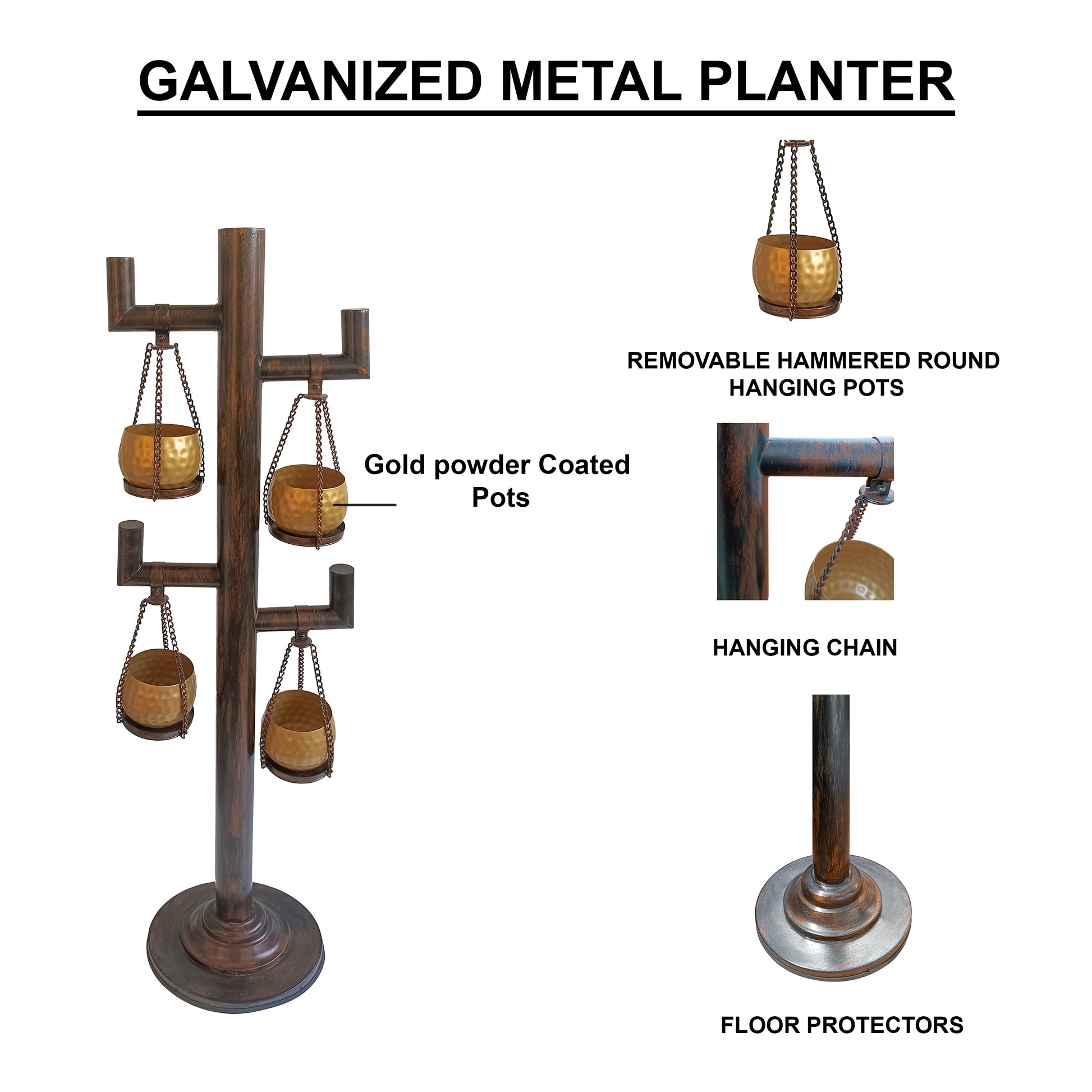 bronze plant pot stand 52 Inch Tall Plant Stand With 4 Hanging Pots, Antique Bronze, Gold, Bl