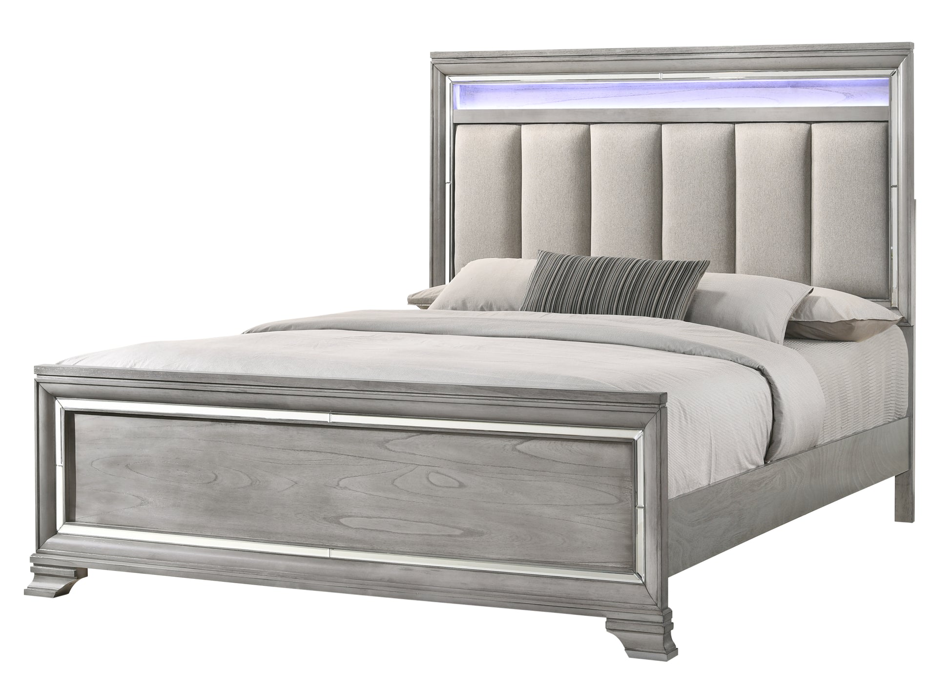Modern Glam Style Upholstered Headboard Led Light Silver Strip Inlay Edges Light Gray Finish 1Pc King Size Bed Wooden Bedroom Furniture Light Gray Solid Wood