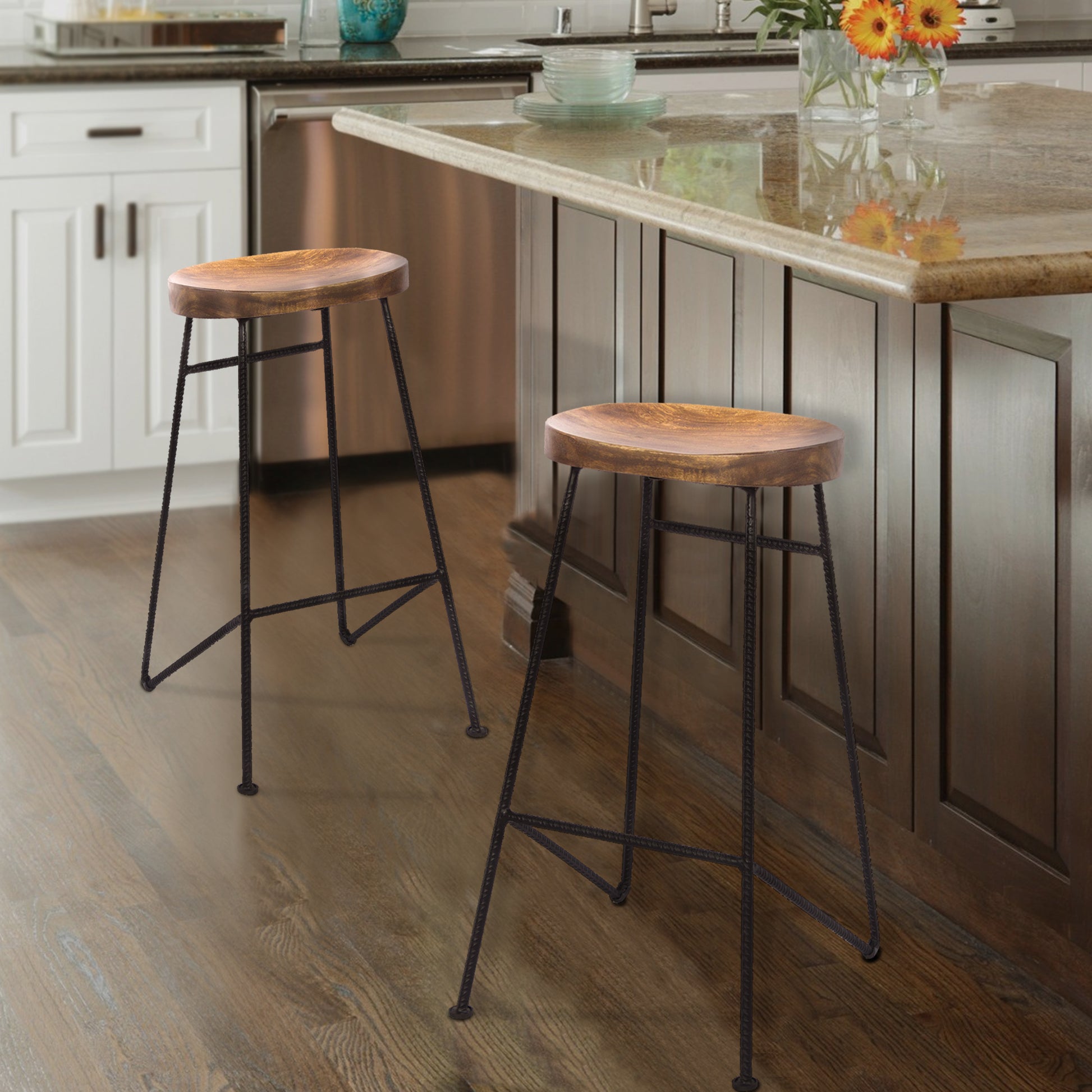 28 Inch Bar Stool With Mango Wood Saddle Seat, Iron Rod Legs, Brown And Black Black Brown Metal & Wood