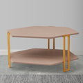 36 Inch Hexagonal Modern Coffee Table, Wood Top And Shelf, Gold Metal Legs Brown Gold Particle Board