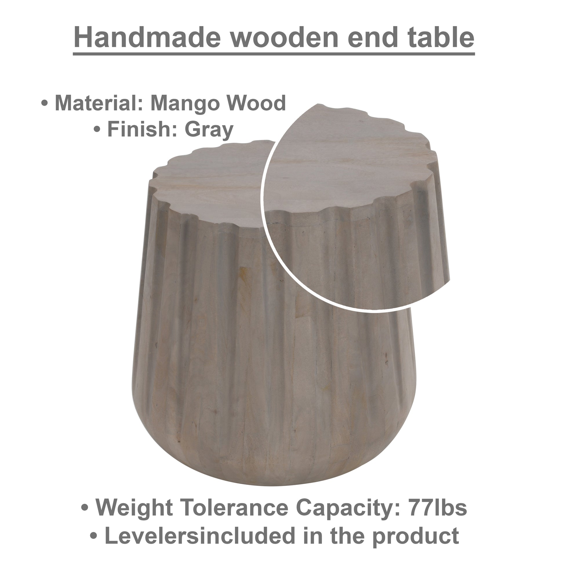 22 Inch Side End Table, Mango Wood Drum Shape With Handcrafted Grooved Edges, Gray Gray Solid Wood