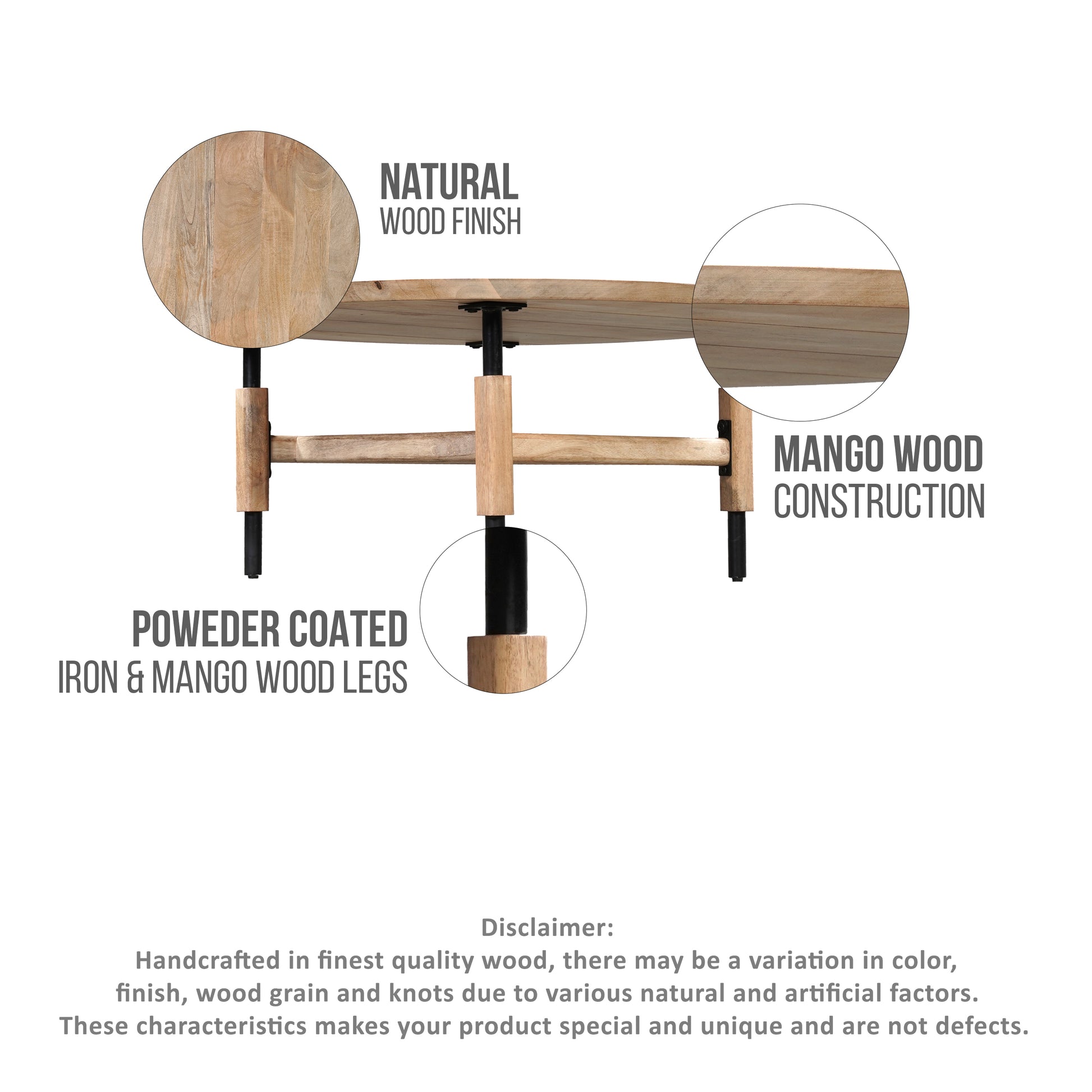 34 Inch Round Coffee Table, Handcrafted Natural Brown Mango Wood With Black Iron Legs Black Brown Metal & Wood