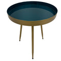 Enid 19 Inch Side End Table, Iron Brass Plating, Enamel Blue Top, Modern Sleek Angled Legs Blue Iron