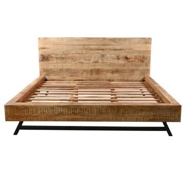 Bree Modern Rustic Queen Size Platform Bed, Brown Acacia & Mango Wood Frame, Black Iron Angled Legs Brown Metal & Wood