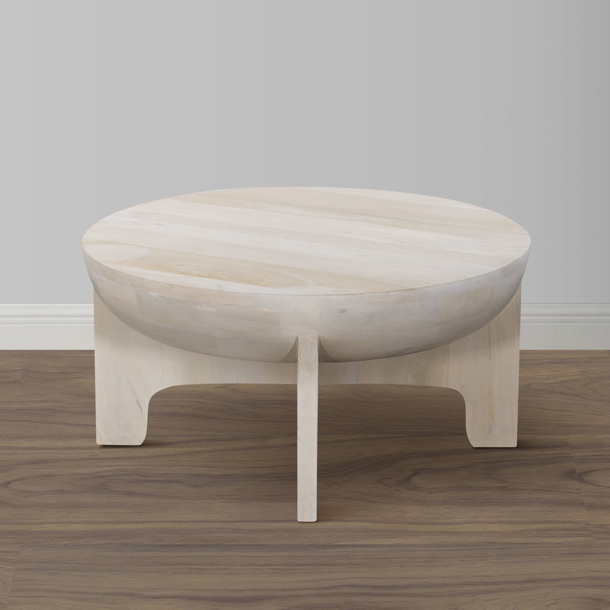 Tomas 32 Inch Coffee Table, Mango Wood Drum Top, Classic Washed White White Solid Wood