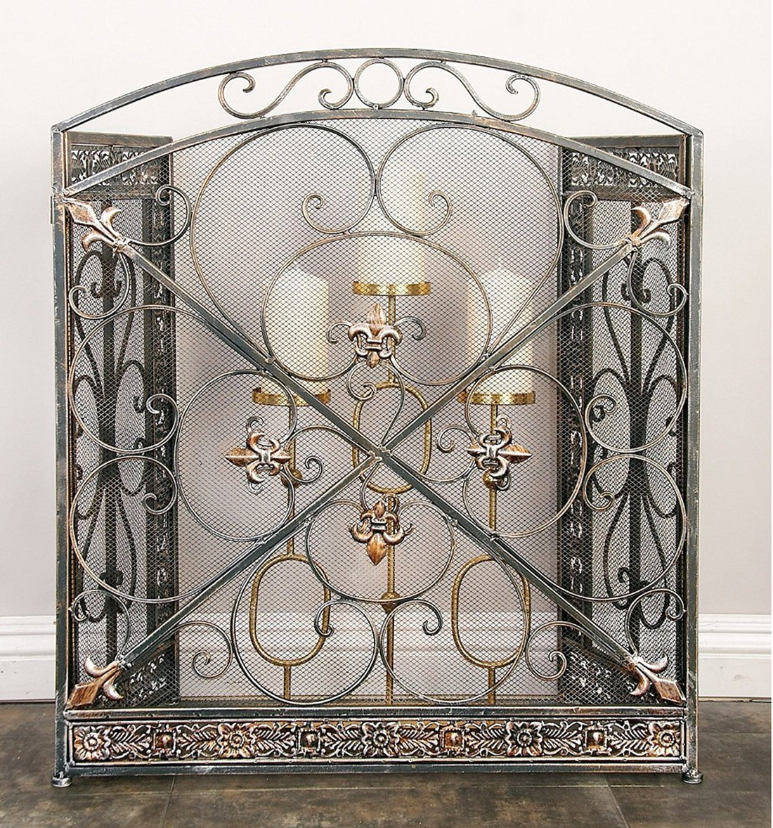 Traditional 3 Panel Metal Fire Screen With Filigree Design, Bronze, Black Black Multi Metal