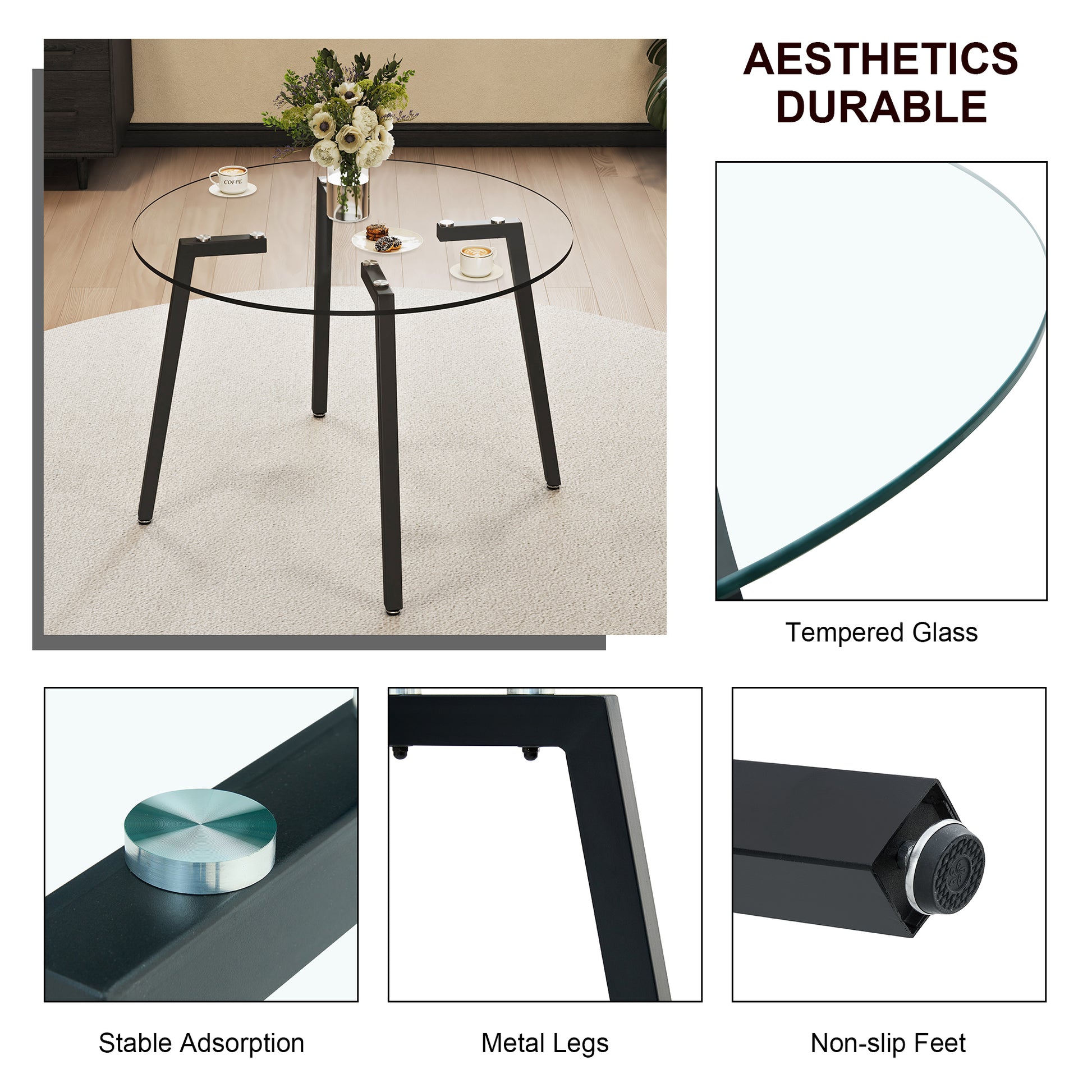 Modern Simple Style Round Transparent Tempered Glass Table, Tempered Glass Table Top, Black Metal Legs, Suitable For Kitchen, Dining Room And Living Room, 42 "*42" *29.5 "1123R Transparent Glass