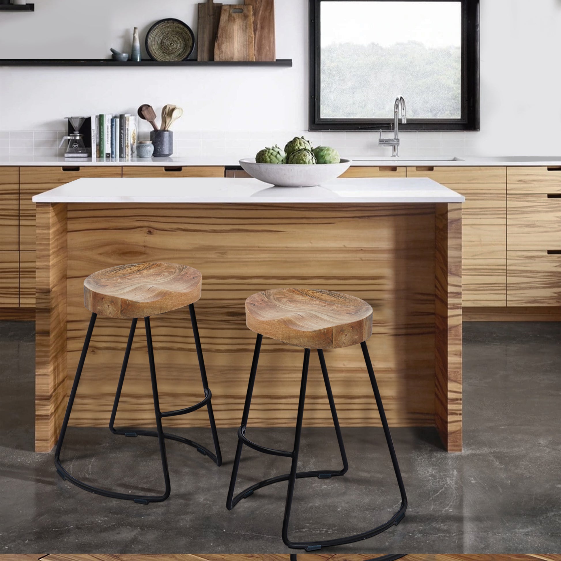 Ela 24 Inch Counter Height Stool, Mango Wood Saddle Seat, Iron Frame, Brown And Black Black Brown Metal & Wood