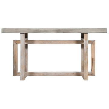 59 Inch Artisan Sideboard Console Table With Geometric Interlocked Base, Distressed Matte Gray Gray Solid Wood