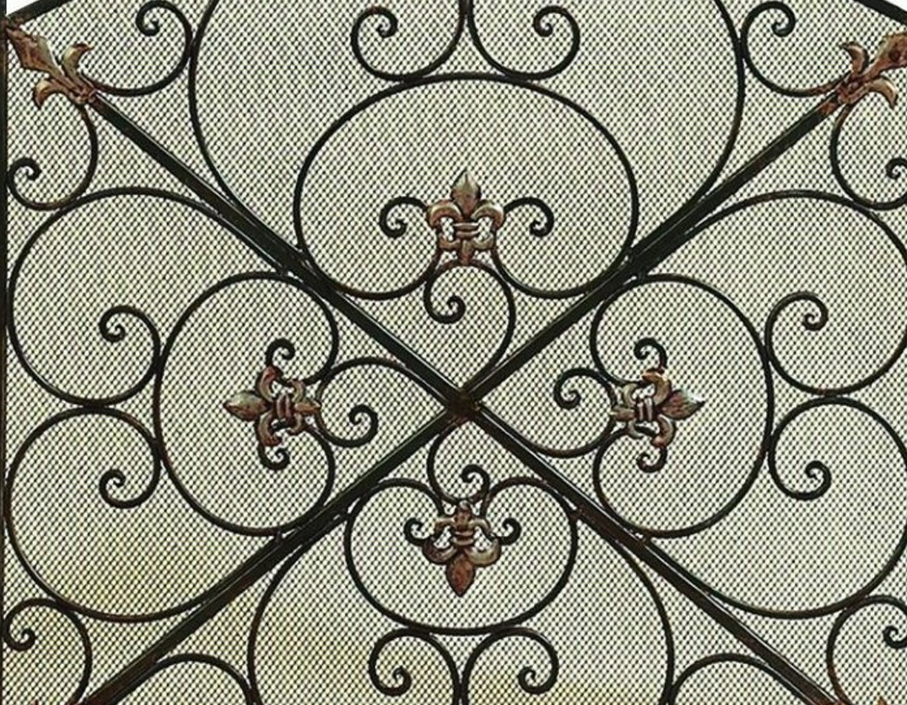 Traditional 3 Panel Metal Fire Screen With Filigree Design, Bronze, Black Black Multi Metal