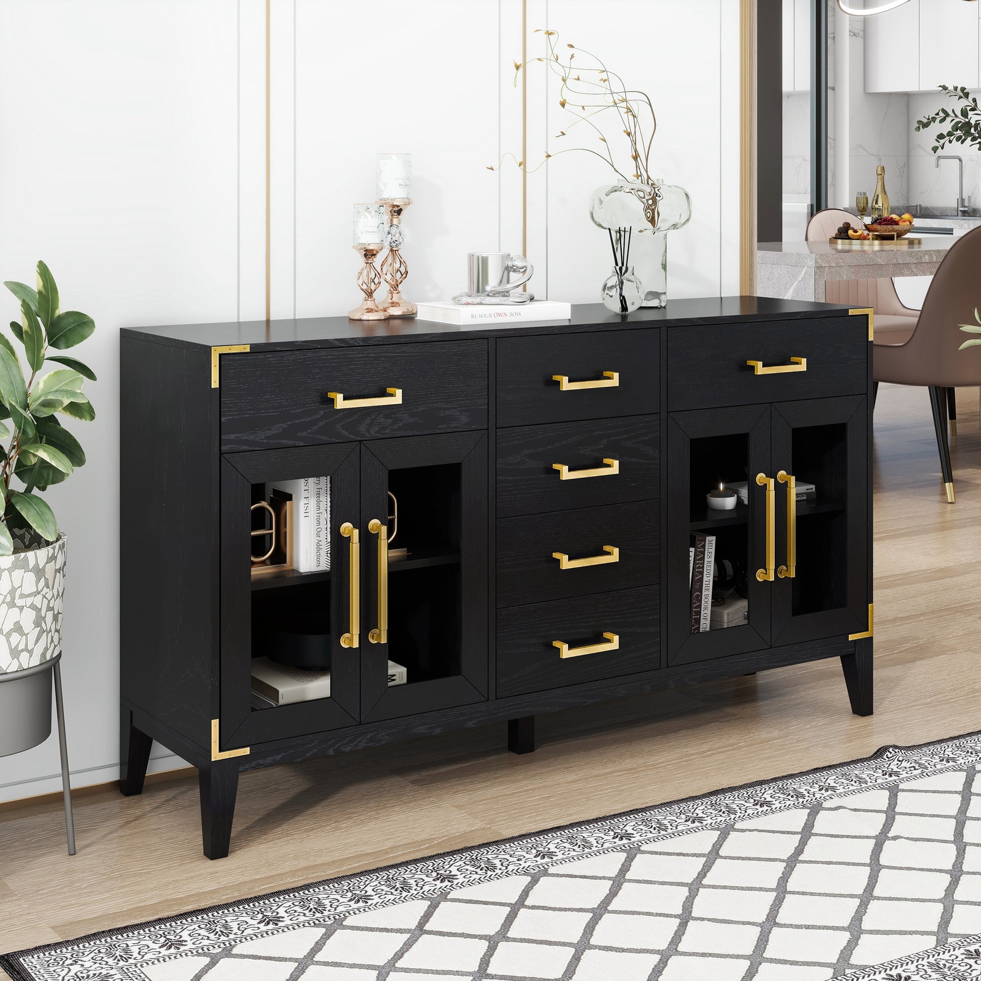 6 Drawer And 2 Cabinet Retro Sideboard With Extra Large Storage Space, With Gold Handles And Solid Wood Legs, For Kitchen And Living Room Black Black Solid Wood Mdf