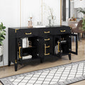 6 Drawer And 2 Cabinet Retro Sideboard With Extra Large Storage Space, With Gold Handles And Solid Wood Legs, For Kitchen And Living Room Black Black Solid Wood Mdf