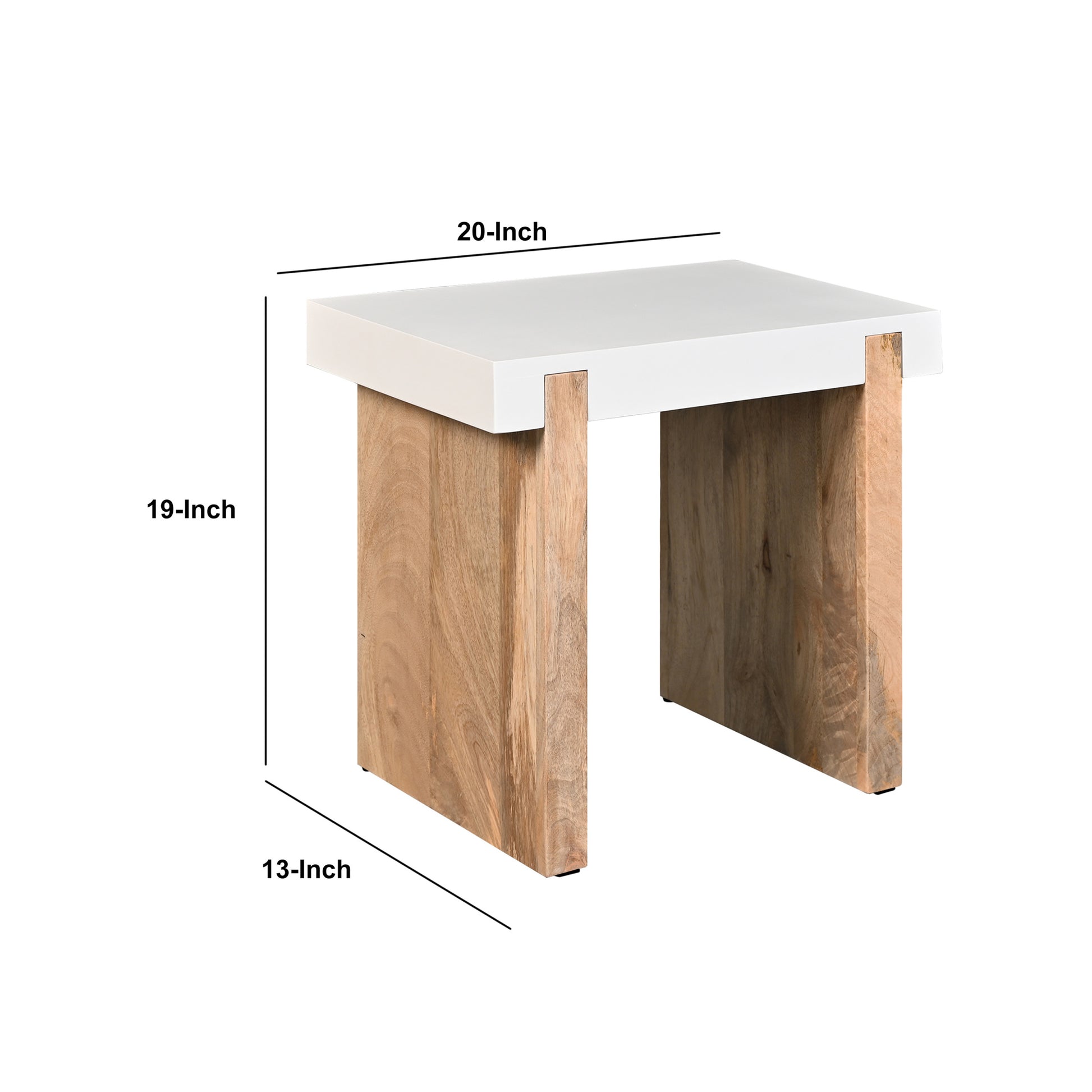 Kerry 20 Inch Rectangular End Side Table, Mango Wood, Sled Base, Glossy White, Natural Brown Brown White Wood