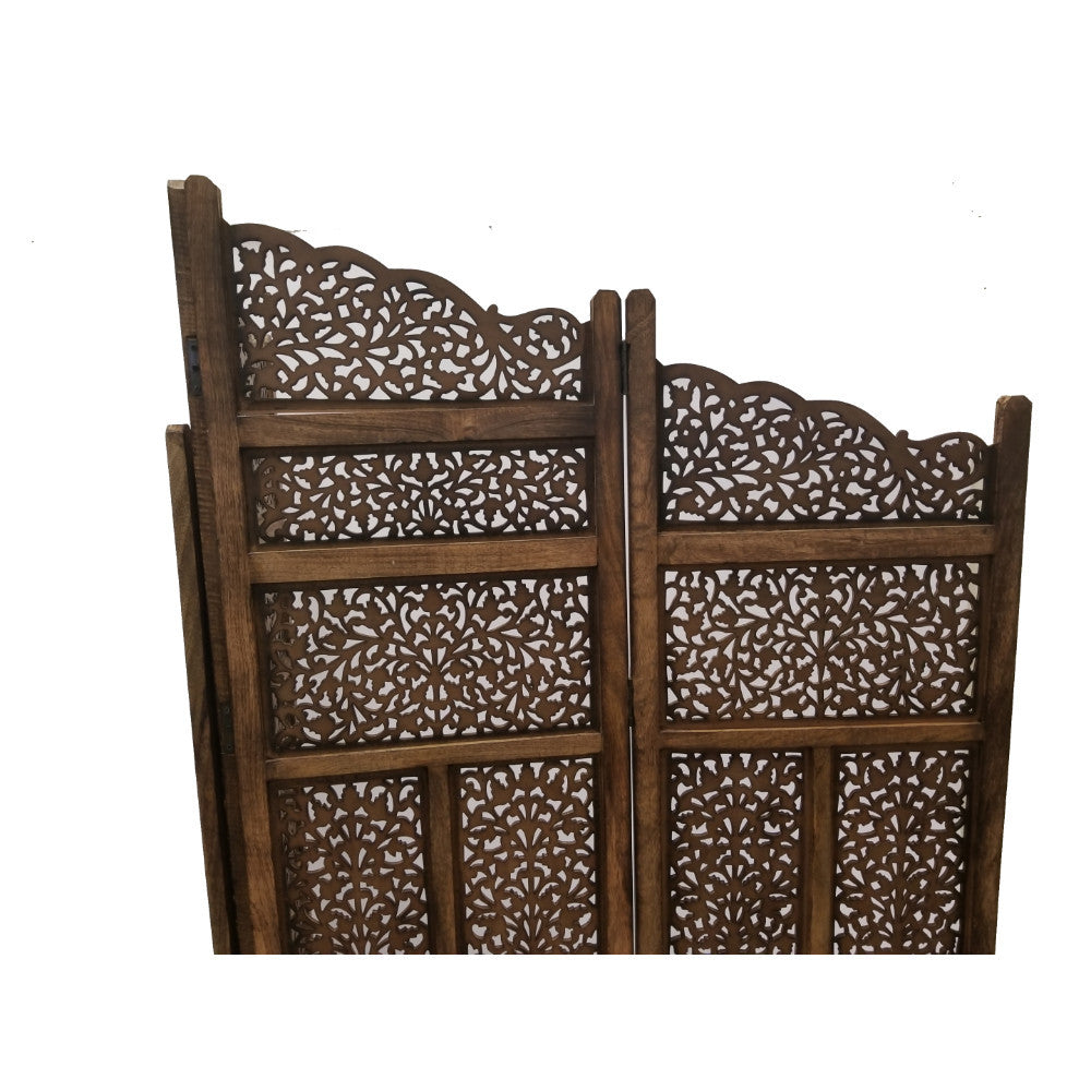 Hand Carved Foldable 4 Panel Wooden Partition Screen Roomdivider,Brown Brown Wood