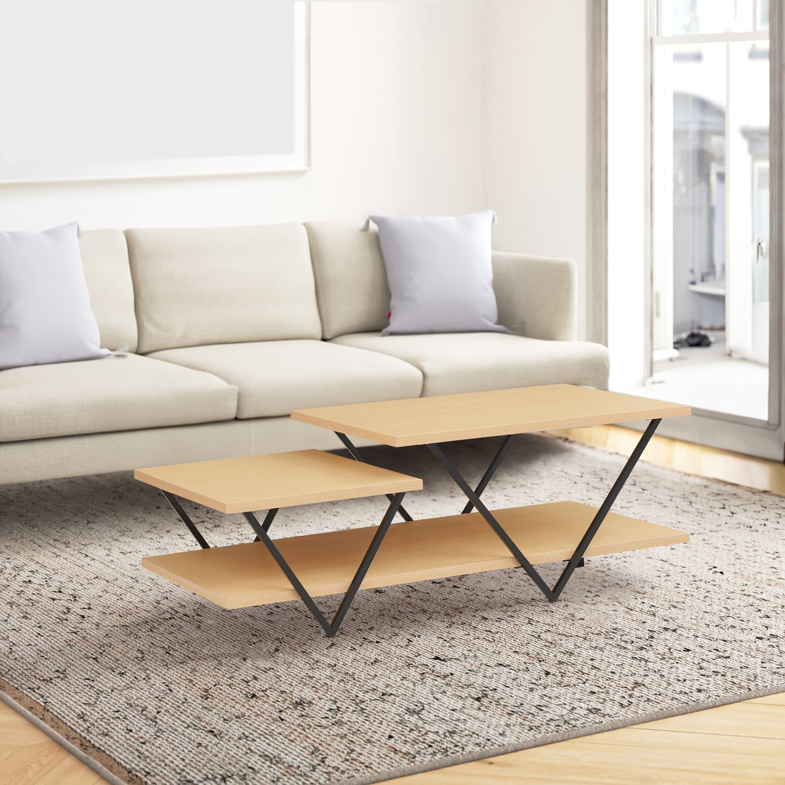 48 Inch 2 Tier Top Coffee Table With Bottom Shelf, V Shape Black Metal Legs, Light Maple Wood Black Brown Metal & Wood