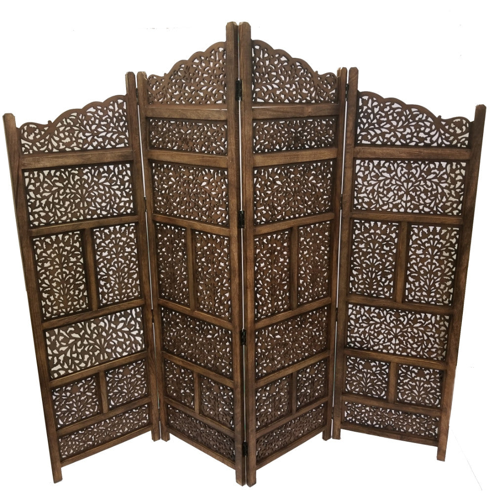 Hand Carved Foldable 4 Panel Wooden Partition Screen Roomdivider,Brown Brown Wood