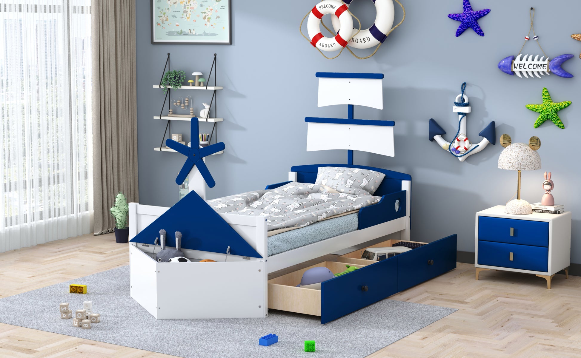 Twin Size Boat Shaped Platform Bed With 2 Drawers ,Twin Bed With Storage For Bedroom,Blue Blue Wood