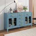 6 Drawer And 2 Cabinet Retro Sideboard With Extra Large Storage Space, With Gold Handles And Solid Wood Legs, For Kitchen And Living Room Antique Blue Antique Blue Solid Wood Mdf