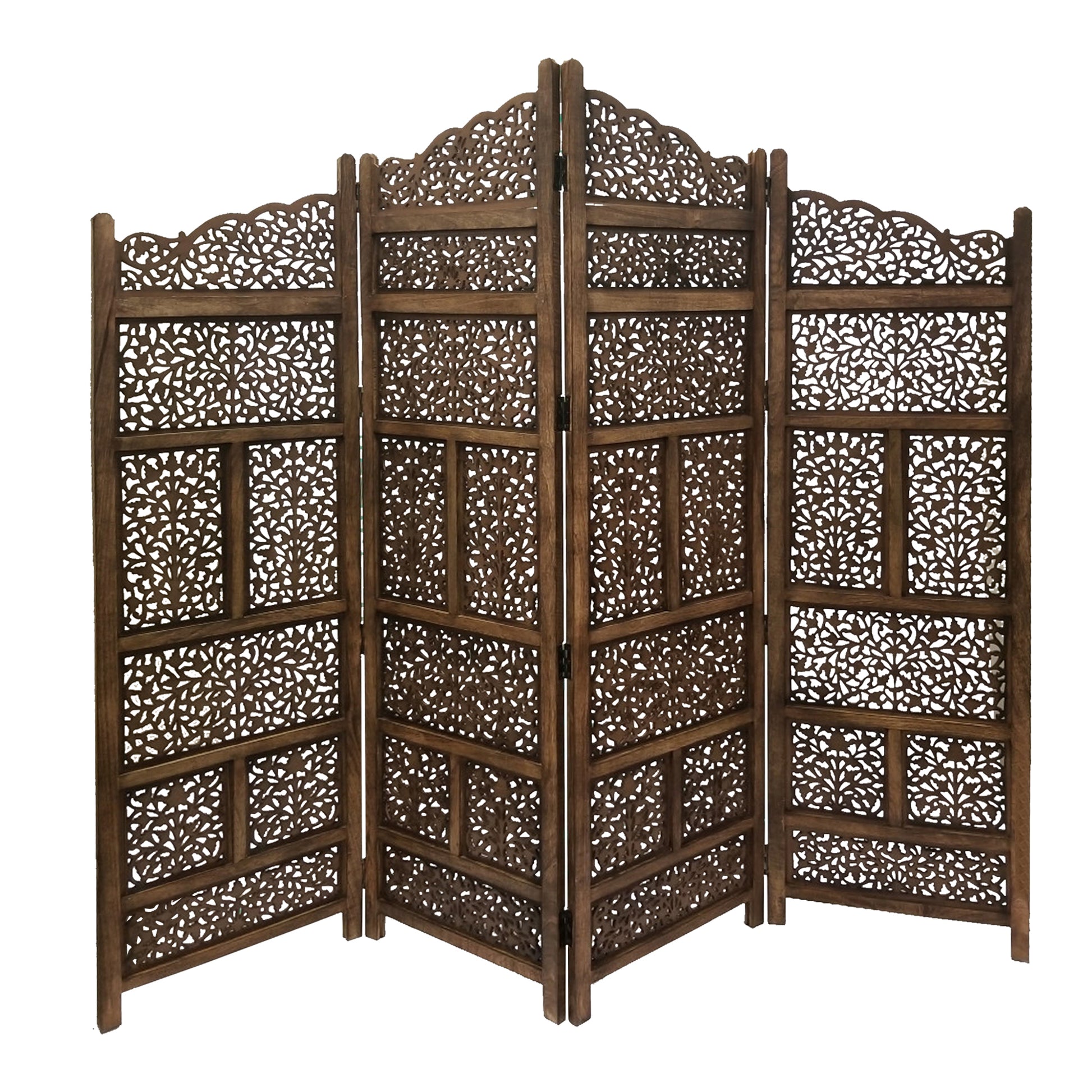 Hand Carved Foldable 4 Panel Wooden Partition Screen Roomdivider,Brown Brown Wood