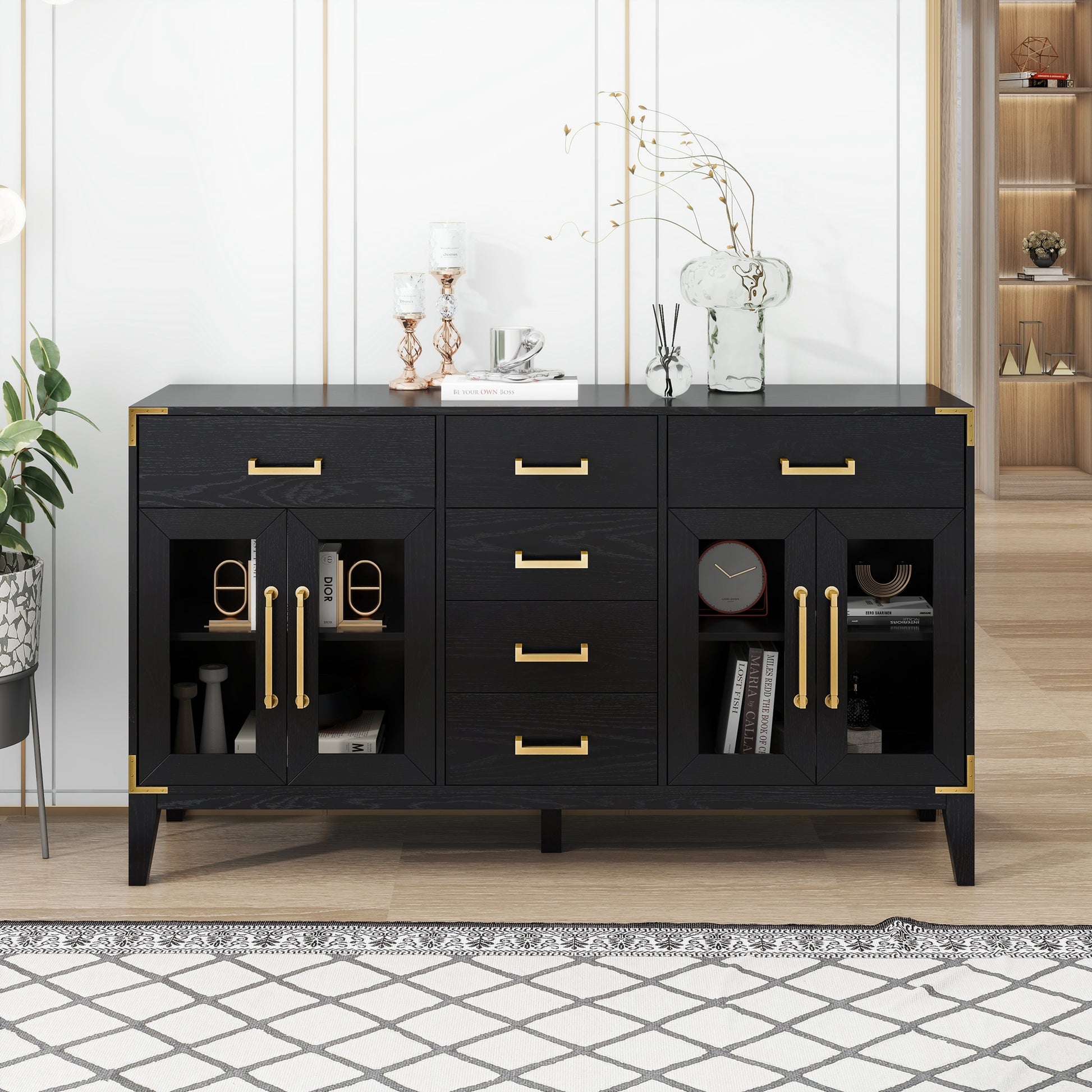 6 Drawer And 2 Cabinet Retro Sideboard With Extra Large Storage Space, With Gold Handles And Solid Wood Legs, For Kitchen And Living Room Black Black Solid Wood Mdf