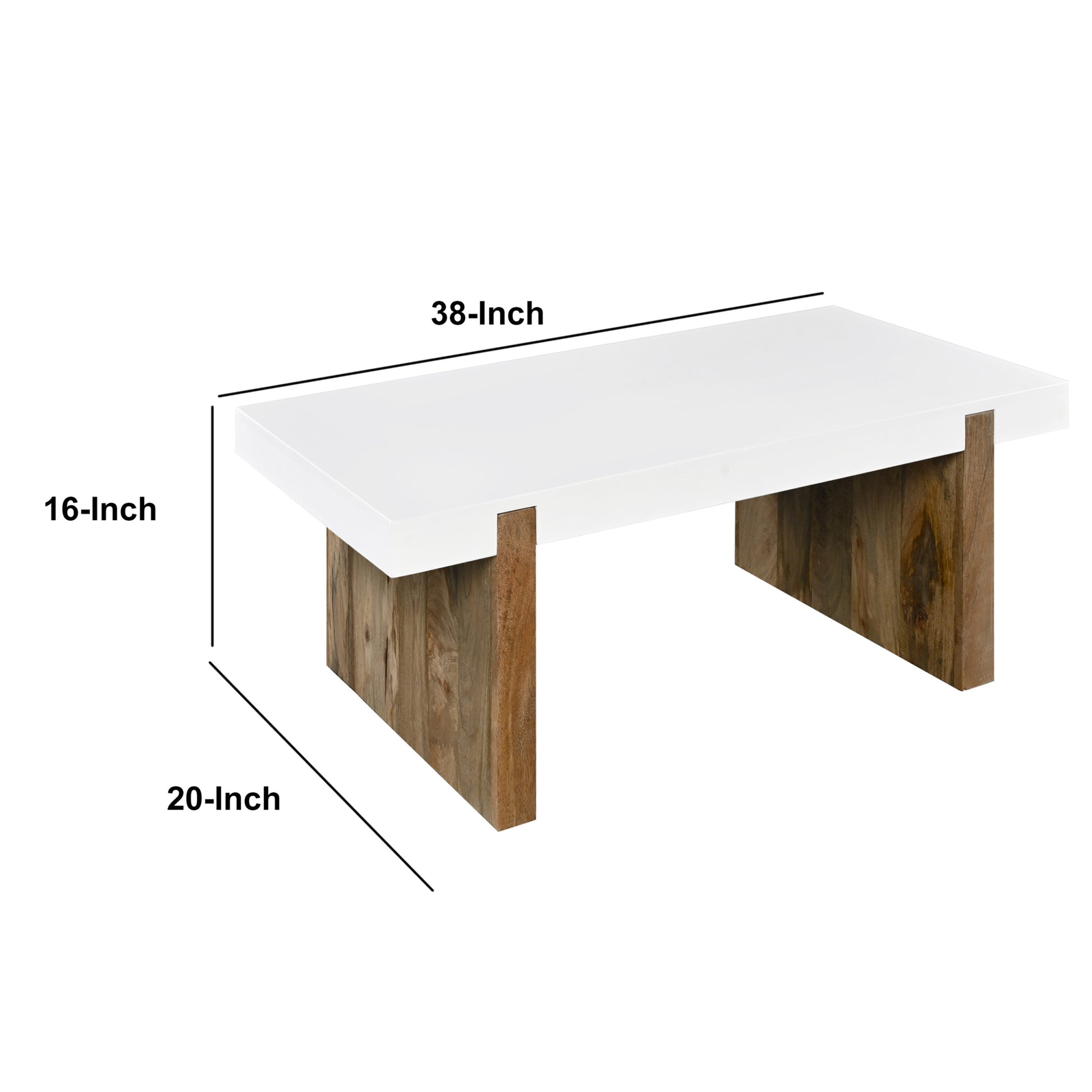 Kerry 38 Inch Mango Wood Coffee Table, Rectangular, Sled Base, Glossy White, Natural Brown Brown White Wood