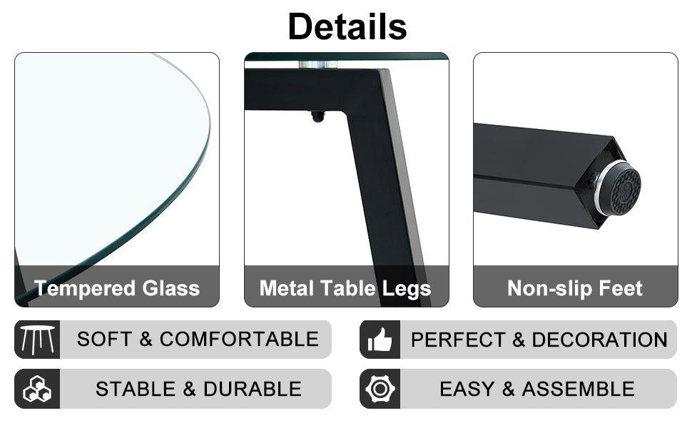 Modern Simple Style Round Transparent Tempered Glass Table, Tempered Glass Table Top, Black Metal Legs, Suitable For Kitchen, Dining Room And Living Room, 42 "*42" *29.5 "1123R Transparent Glass