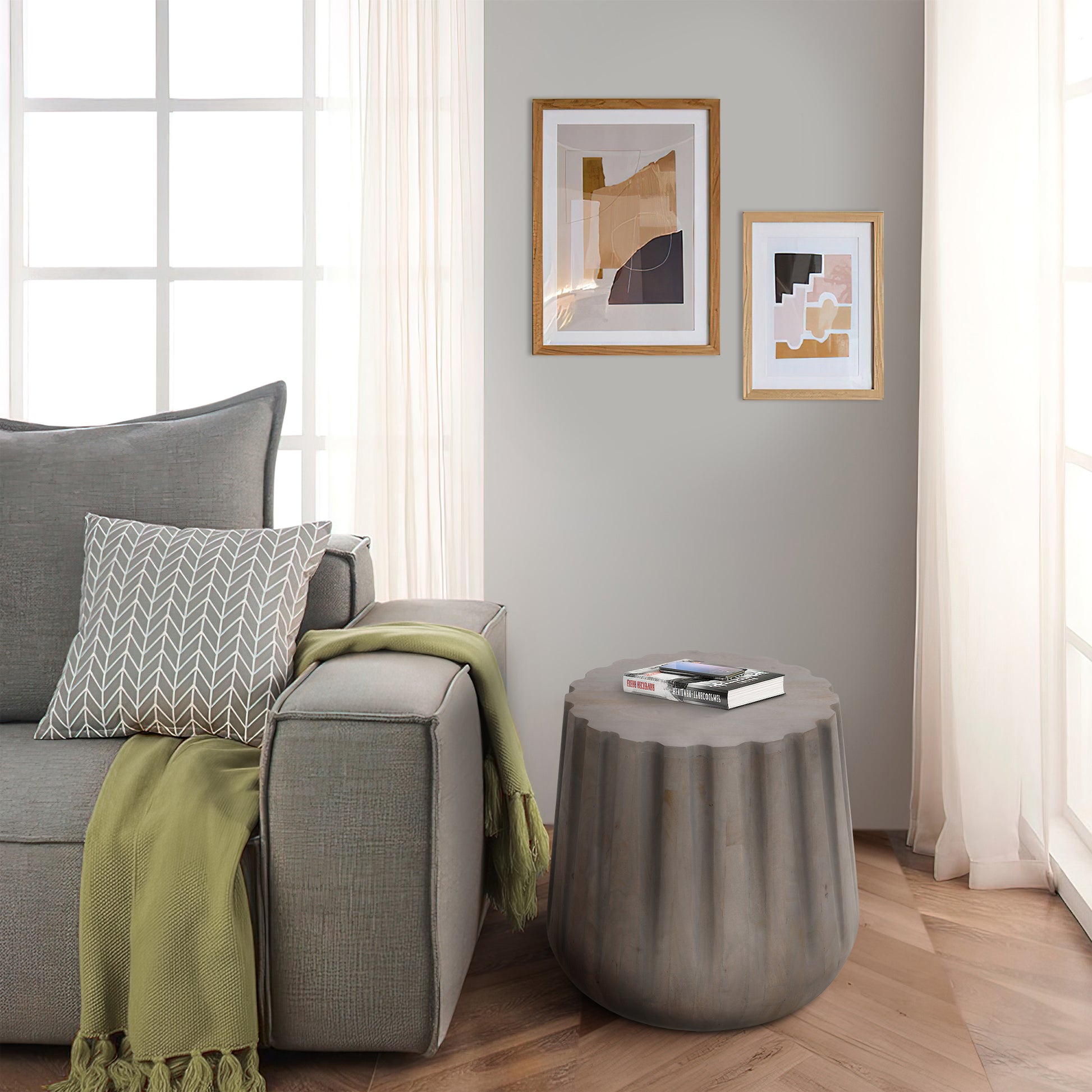 22 Inch Side End Table, Mango Wood Drum Shape With Handcrafted Grooved Edges, Gray Gray Solid Wood