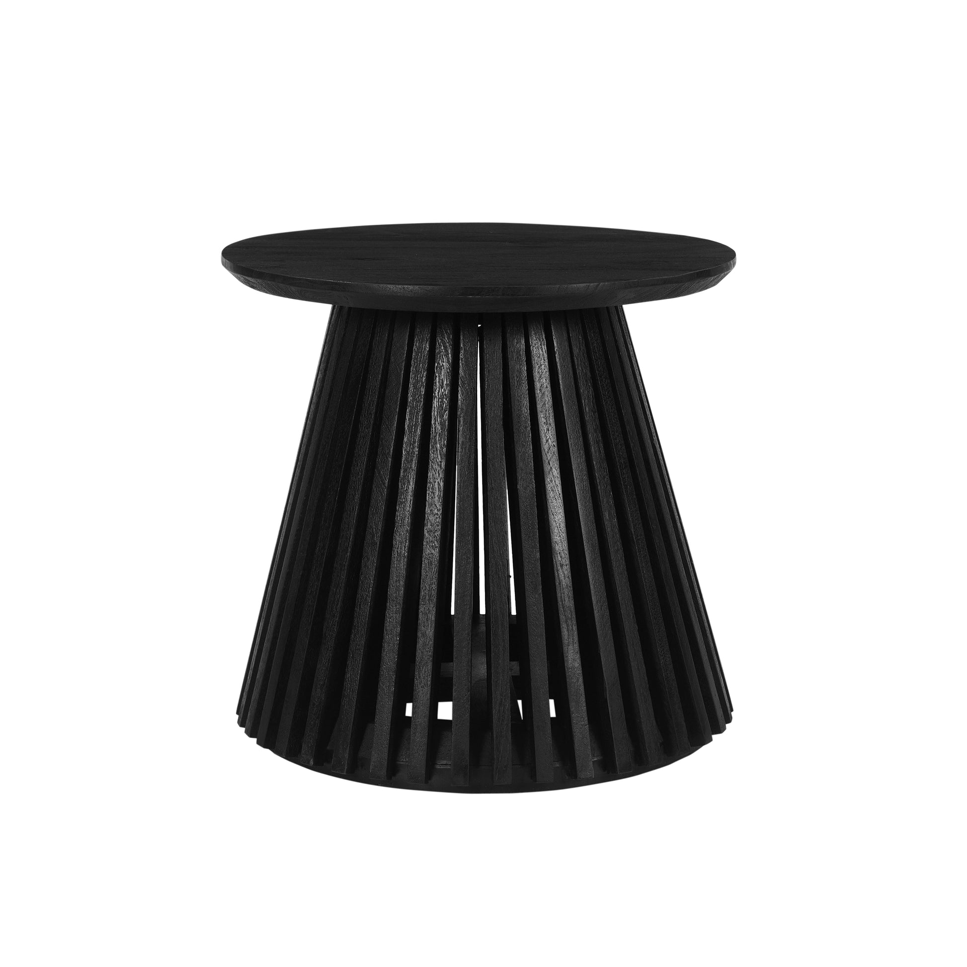 Ridge 20 Inch Handcrafted Mango Wood Round End Side Table, Slatted Flared Base, Black Black Solid Wood