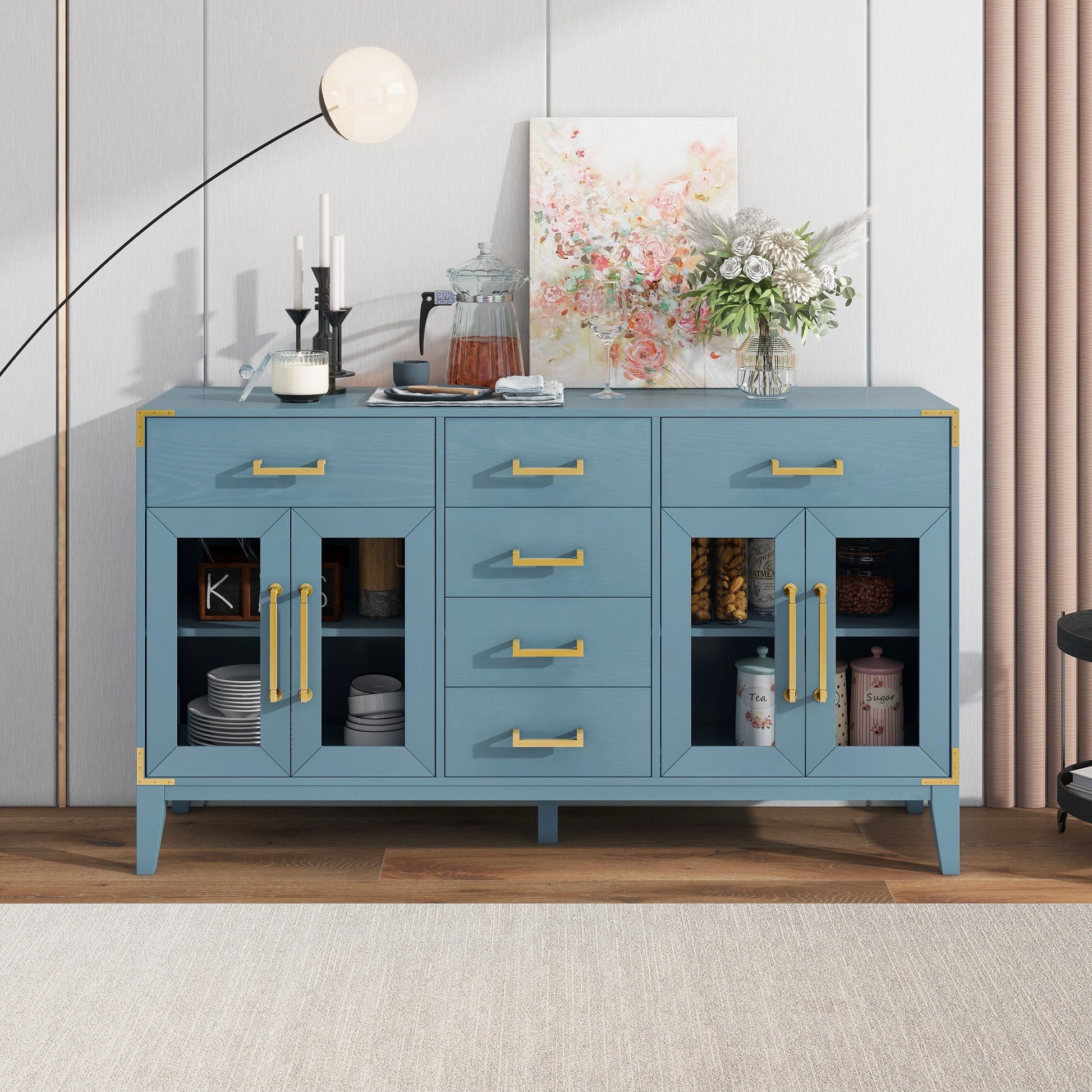 6 Drawer And 2 Cabinet Retro Sideboard With Extra Large Storage Space, With Gold Handles And Solid Wood Legs, For Kitchen And Living Room Antique Blue Antique Blue Solid Wood Mdf