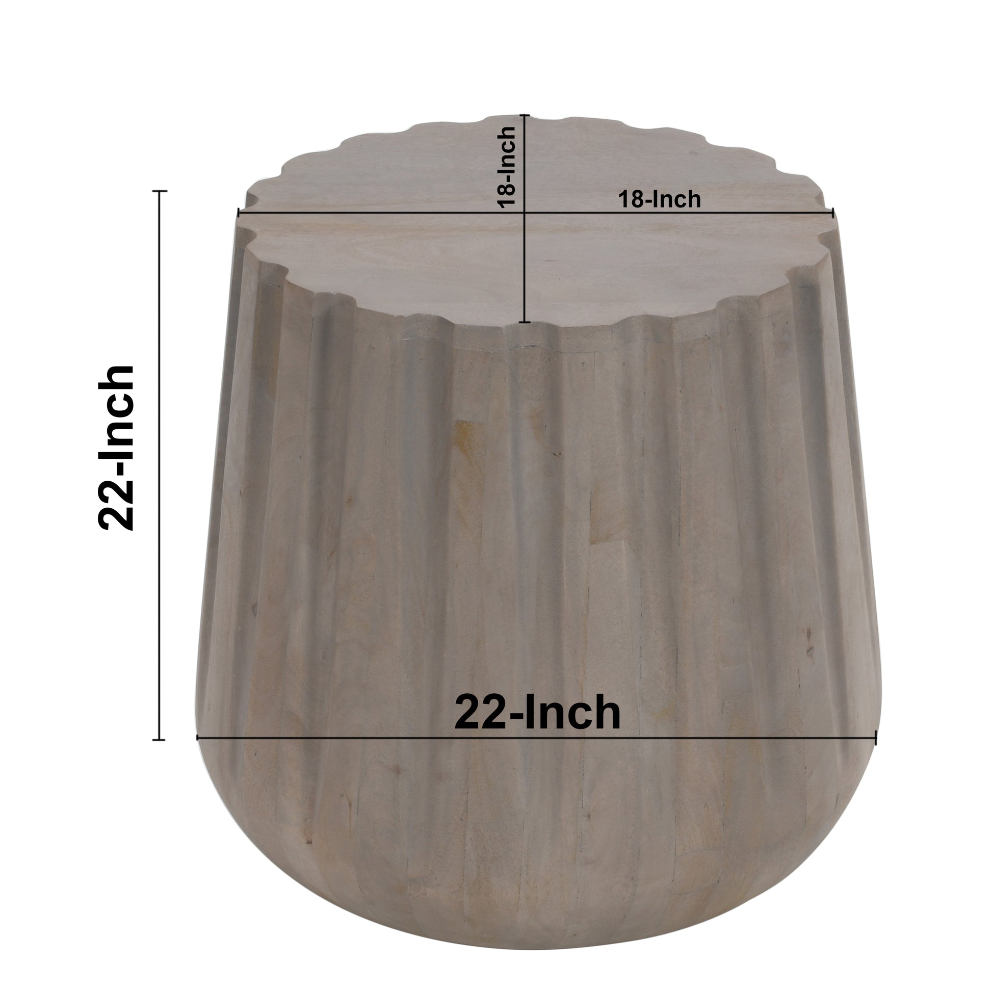 22 Inch Side End Table, Mango Wood Drum Shape With Handcrafted Grooved Edges, Gray Gray Solid Wood