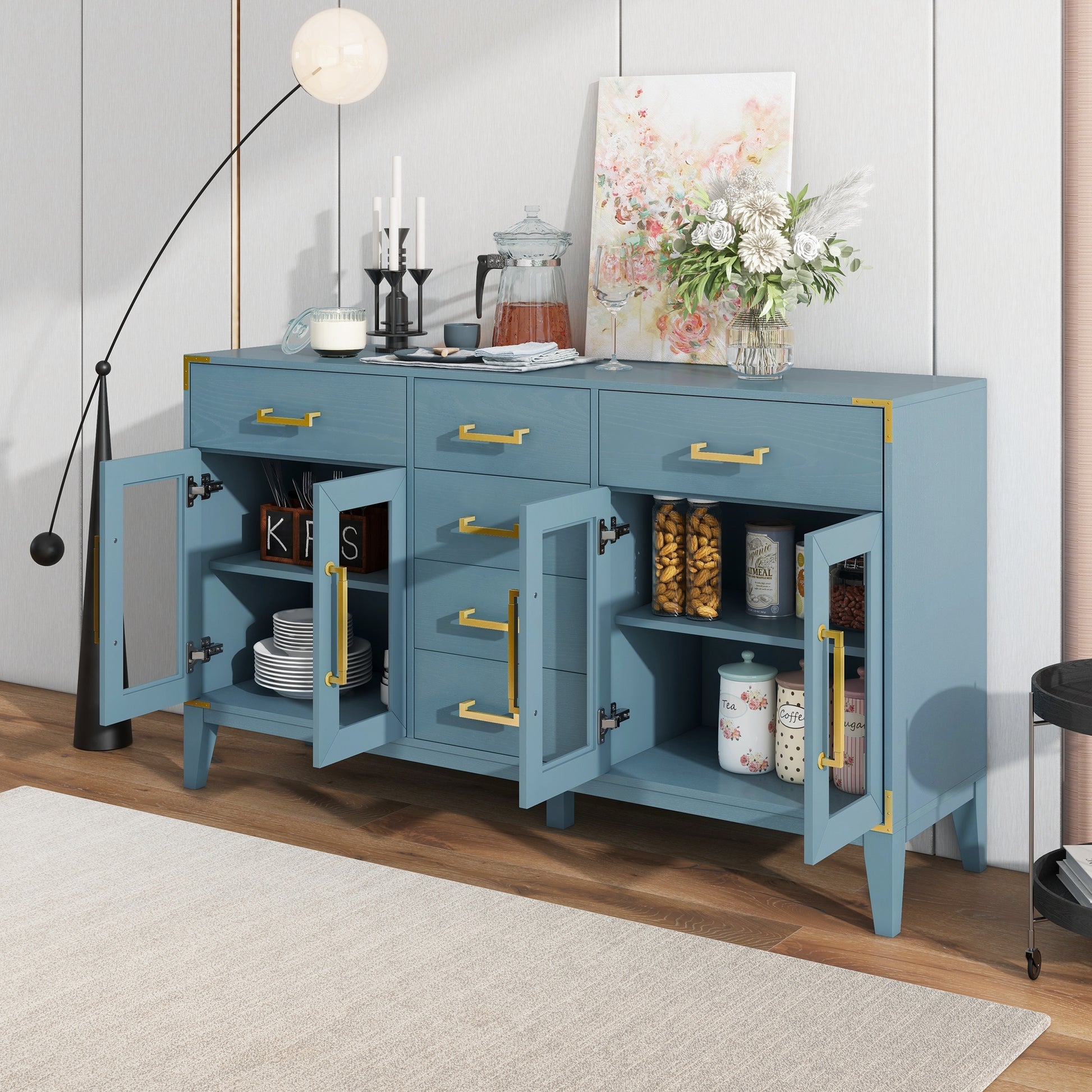 6 Drawer And 2 Cabinet Retro Sideboard With Extra Large Storage Space, With Gold Handles And Solid Wood Legs, For Kitchen And Living Room Antique Blue Antique Blue Solid Wood Mdf